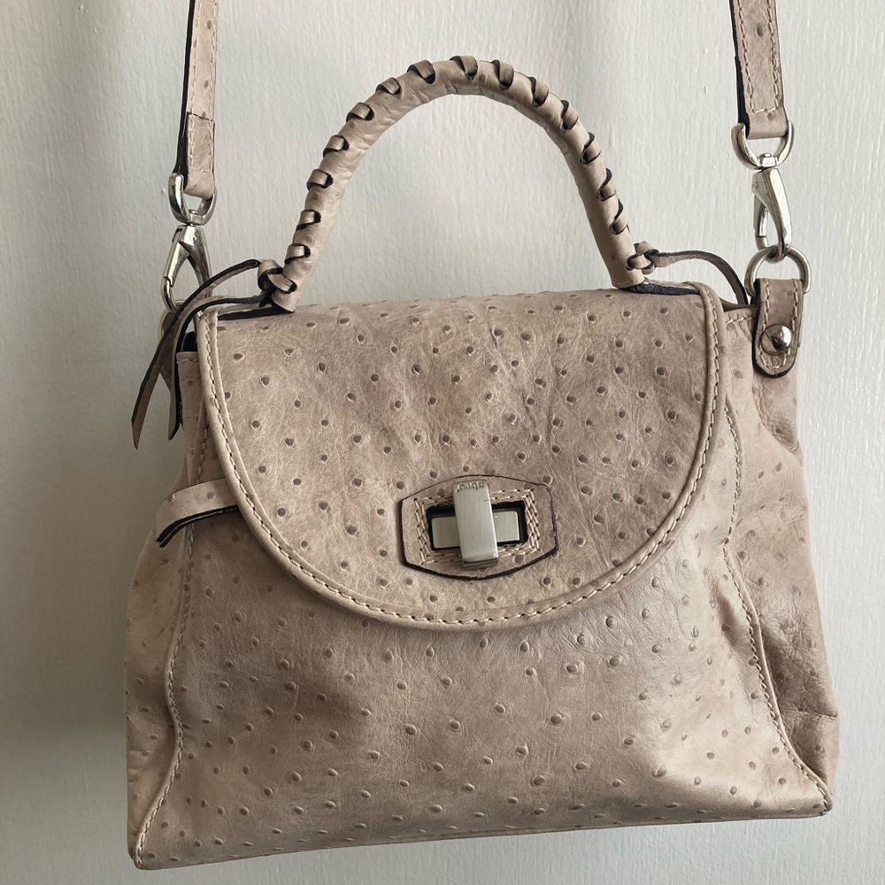 Abro Italian Ostrich Fine Leather Crossbody Purse Bag in Beige Greige Color